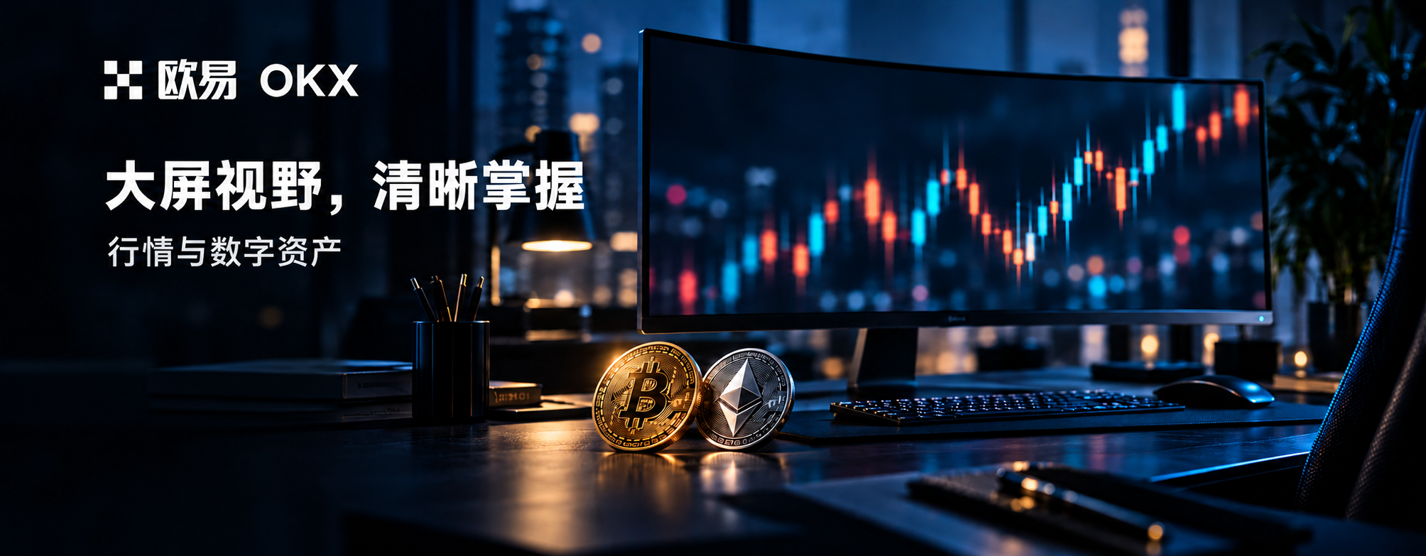 欧易 OKX,大屏视野,清晰掌握。桌面屏幕与艺术化行情图。